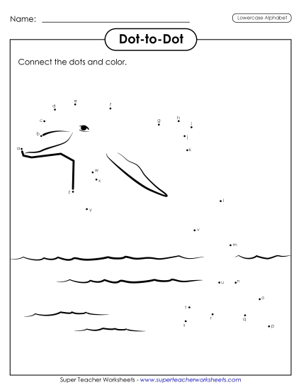Dolphin Dot-to-Dot (Lowercase) Alphabet Worksheet