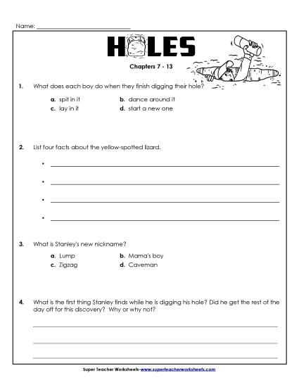 Questions for Chapters 7-13 Book Holes Worksheet