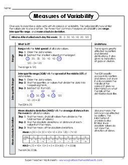 Measures of Variability: Reference Sheet Statistics Worksheet
