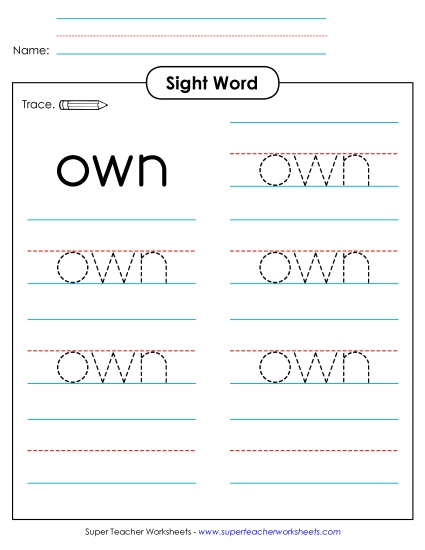 Trace the Word: Own Sight Words Individual Worksheet