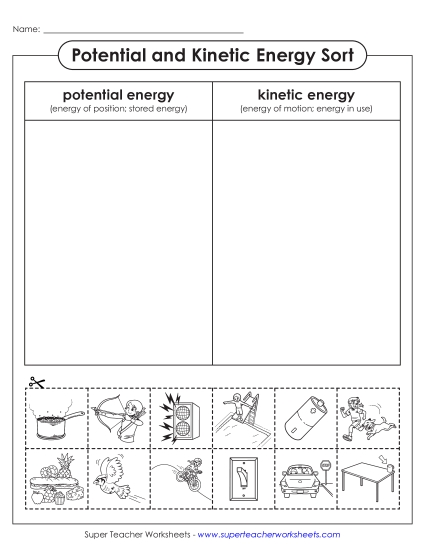 New Potential and Kinetic Energy: Cut & Paste Sort Worksheet
