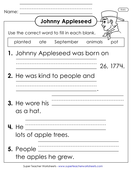 New Johnny Appleseed Cloze (Basic) Worksheet