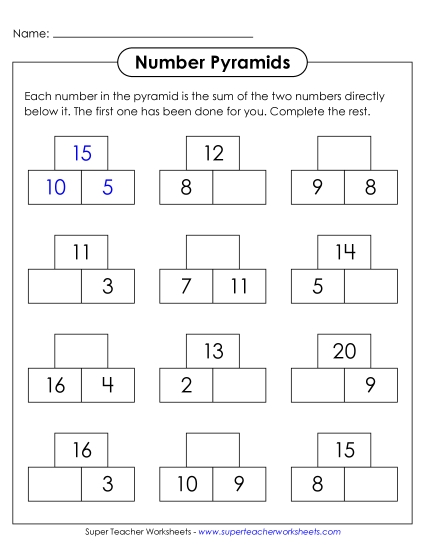 New Number Pyramids (Sums to 20) Worksheet New Number Pyramids (Sums to 20) Worksheet