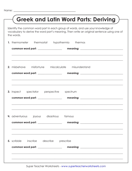 New Common Word Parts: Deriving Meaning Worksheet