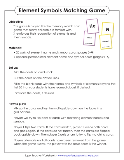 New Element Symbols Matching Game Worksheet