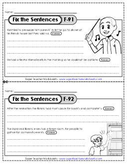 New Fix the Sentences F-91 through F-95 Worksheet