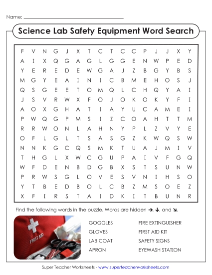 New Lab Safety Equipment Word Search (Basic) Worksheet