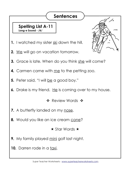 Spelling Test Sentences (A-11)  Spelling A Worksheet