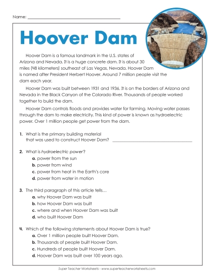 Hoover Dam (Short Passage) Reading Comprehension Reading Comp Short Worksheet