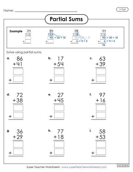 2-Digit Partial Sums Addition (with Example) Free Worksheet
