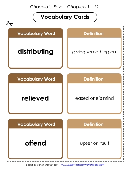 Vocab. Cards for Chapters 11-12 Book Chocolate Fever Worksheet