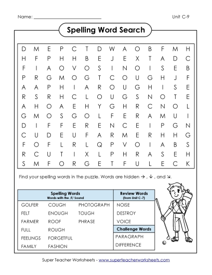 Word Search (C-9) Spelling C Worksheet