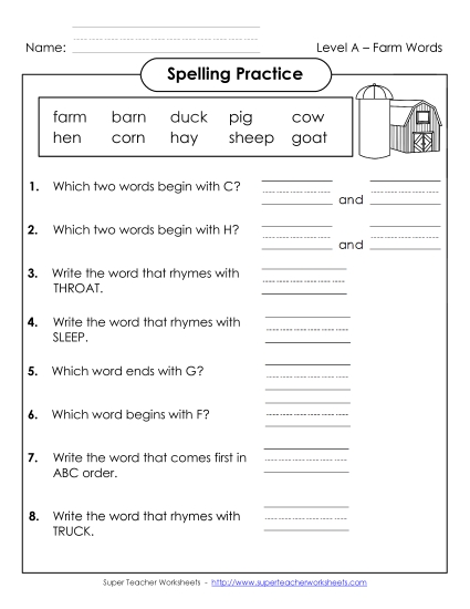 Spelling Practice (A-Farm Words)  Spelling A Worksheet