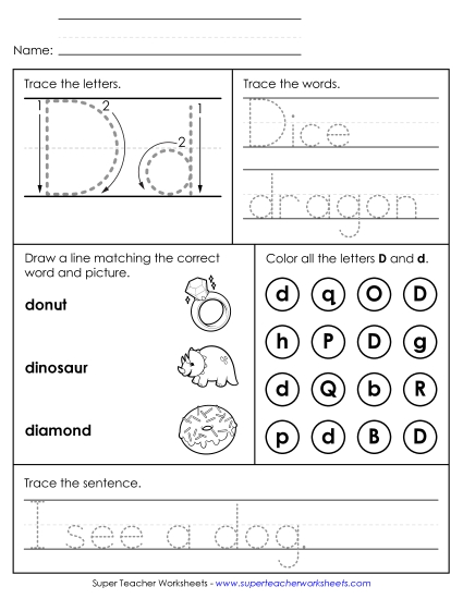 Letter D - Mixed Skills (Intermediate) Alphabet Worksheet