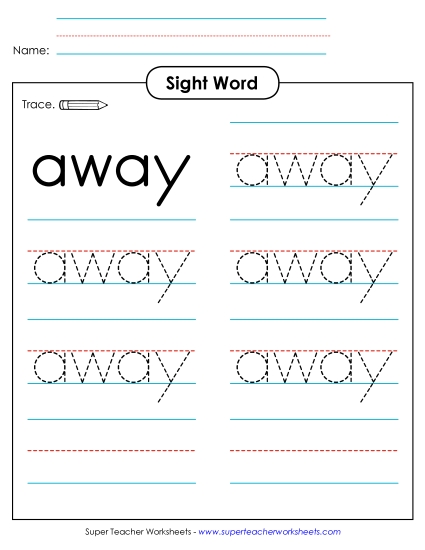 Trace the Word: Away Sight Words Individual Worksheet