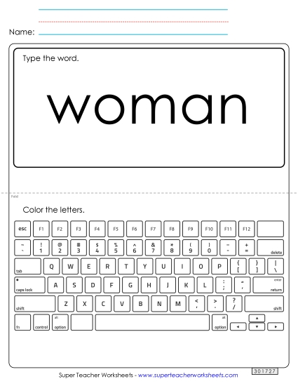 Type the Word: Woman Sight Words Individual Worksheet