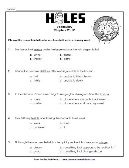 Vocab for Chapters 29-35 Book Holes Worksheet