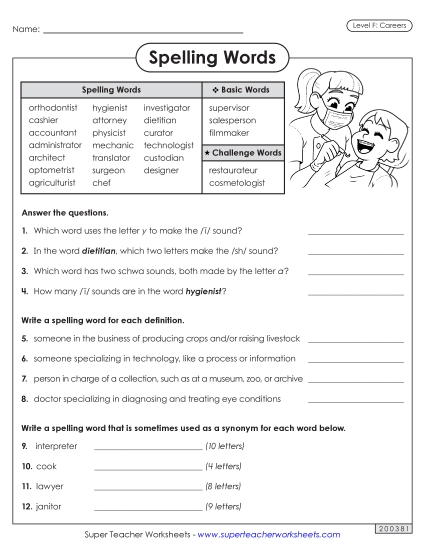 Question Worksheet (Careers) Spelling F Worksheet