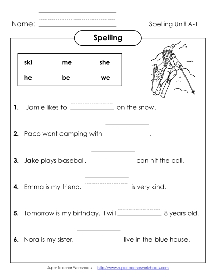 Complete the Sentences (A-11) Spelling A Worksheet