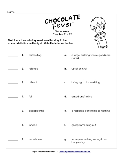 Vocabulary for Chapters 11-12 Book Chocolate Fever Worksheet