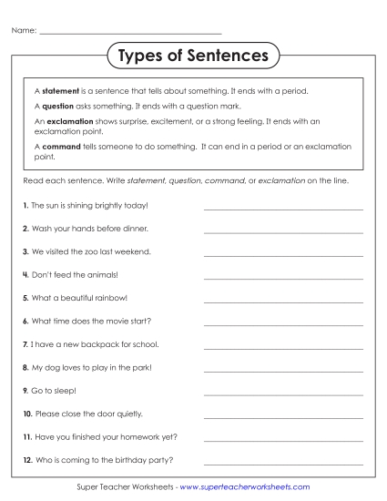New Identifying Sentence Types Worksheet