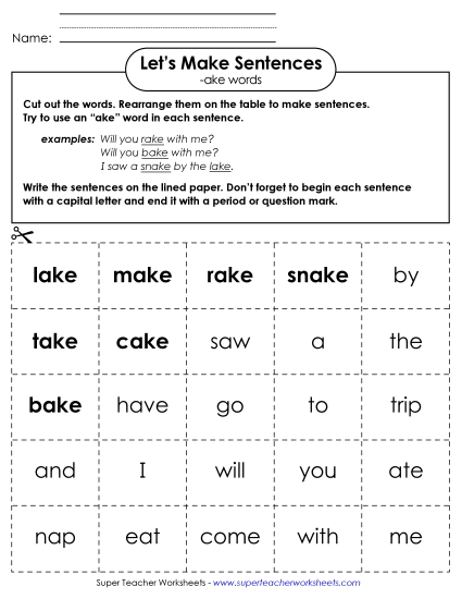 Make Sentences: Word Cards (-ake) Word Families Worksheet