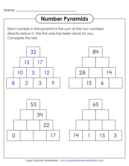 New Number Pyramids (4 Rows, Top Number Given) Worksheet New Number Pyramids (4 Rows, Top Number Given) Worksheet