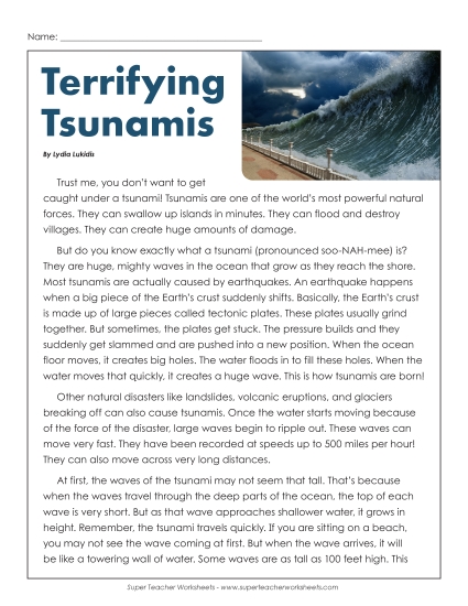 Tsunami Article 6th Grade Reading Comprehension Worksheet