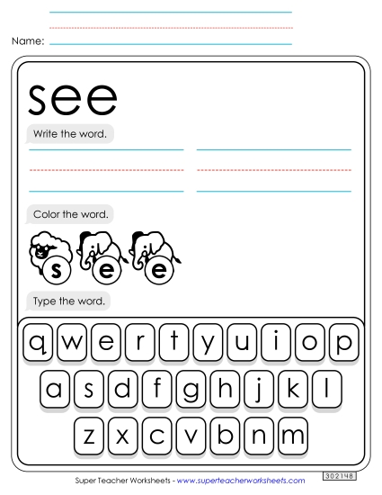 Write, Color, Type: See Sight Words Individual Worksheet