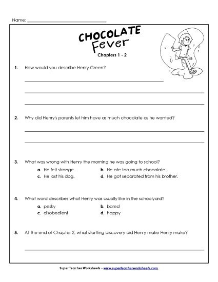 Questions for Chapters 1-2 Book Chocolate Fever Worksheet