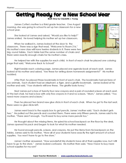 Math Story - Classroom Setup Word Problems Worksheet