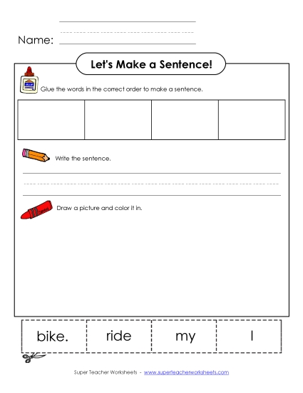 Build-a-Sentence: I ride my bike. Phonics Silent E Worksheet