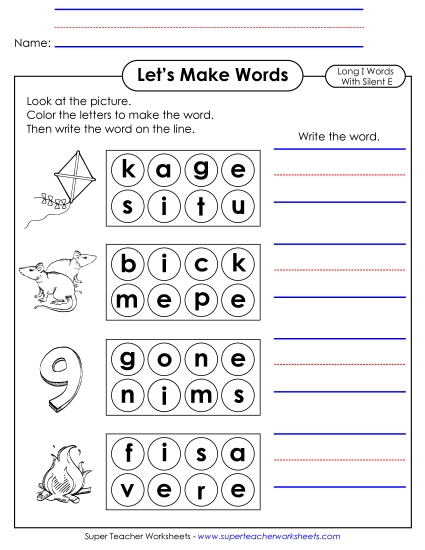 Let\'s Make Words (Long I; Silent E) #1 Phonics Silent E Worksheet