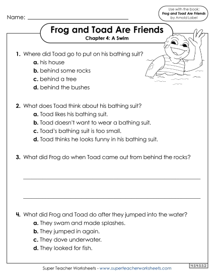 Questions for Chapter 4 Book Frog And Toad Worksheet