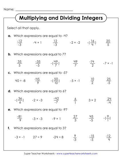 New Multiplying and Dividing Integers: <br>Equal Expressions Worksheet