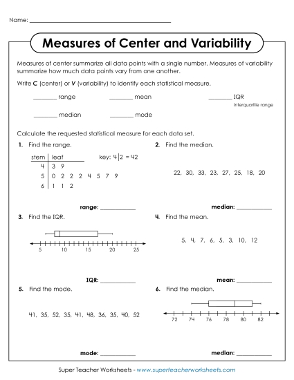 New Identifying and Finding<br>Measures of Center & Variability Worksheet