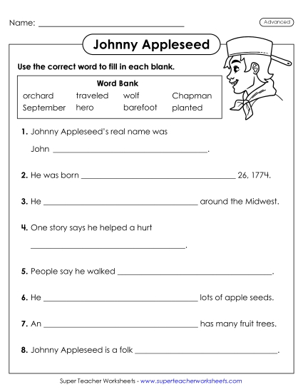 New Johnny Appleseed Cloze (Advanced) Worksheet
