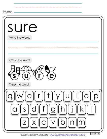 Write, Color, Type: Sure Sight Words Individual Worksheet