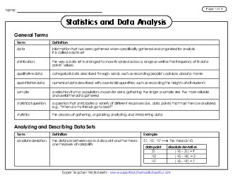 Reference Sheet: Statistics and Data Analysis Terms Worksheet