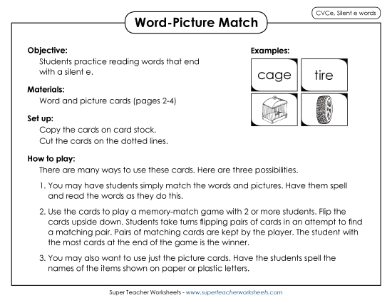 Game: Word-Picture Match Phonics Silent E Worksheet