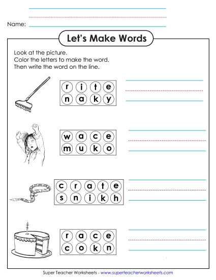 Color the Letters & Write (-ake) Word Families Worksheet