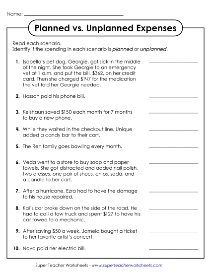New Planned vs. Unplanned Expenses Worksheet New Planned vs. Unplanned Expenses Worksheet