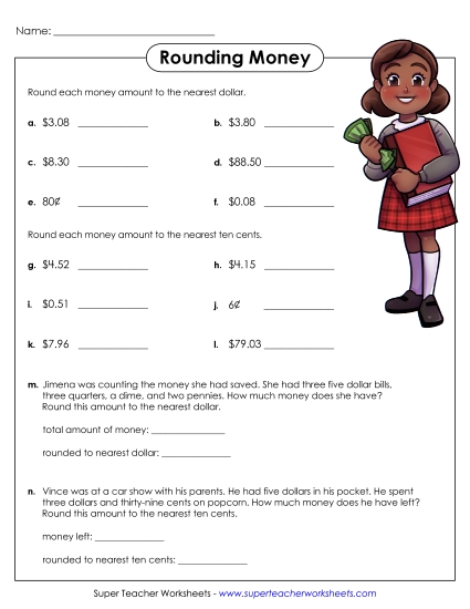Rounding Nearest Dollar & Nearest Ten Cents Worksheet