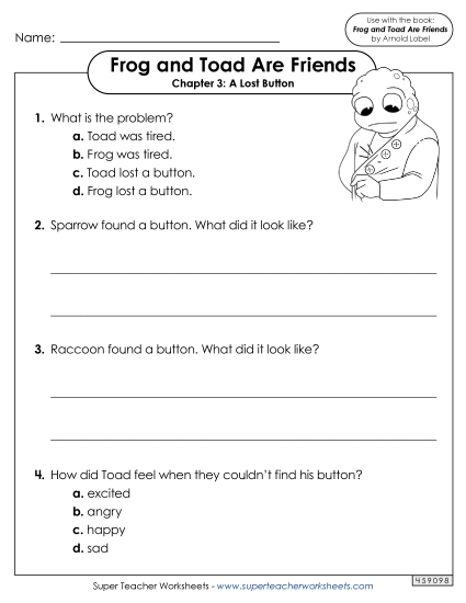 Questions for Chapter 3 Book Frog And Toad Worksheet