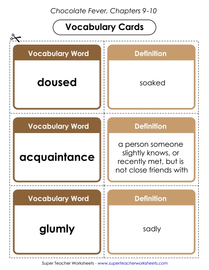 Vocabulary Cards for Chapters 9-10 Book Chocolate Fever Worksheet