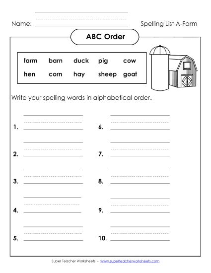 ABC Order: Write List (A-Farm Words)  Spelling A Worksheet