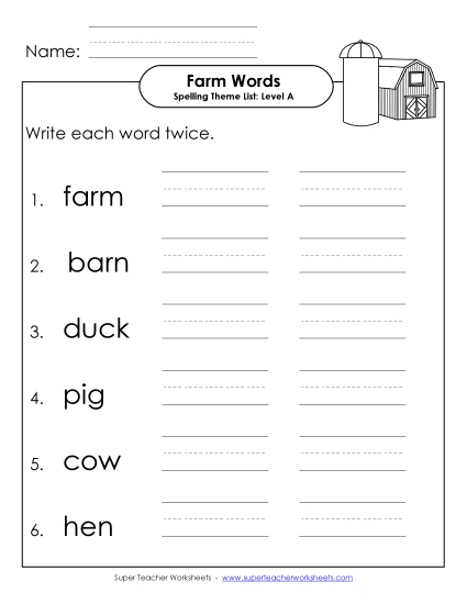 Write Twice (A-Farm Words)  Spelling A Worksheet
