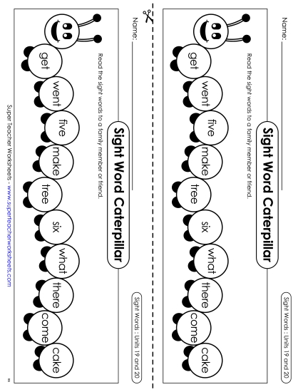 Sight Word Caterpillar: Units 19 and 20 Sight Words Worksheet