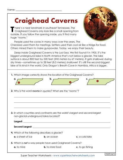 Craighead Caverns (Short Article) 3rd Grade Reading Comprehension Reading Comp Short Worksheet