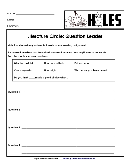 Lit. Circles: Question Leader Book Holes Worksheet